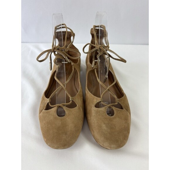 Aquazzura Firenze Dancer Lace Up Flats Camel Brown Tan Suede 38 7.5 Ankle Tie - Picture 8 of 8